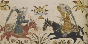 Two Middle Eastern warriors fighting on horseback with swords drawn